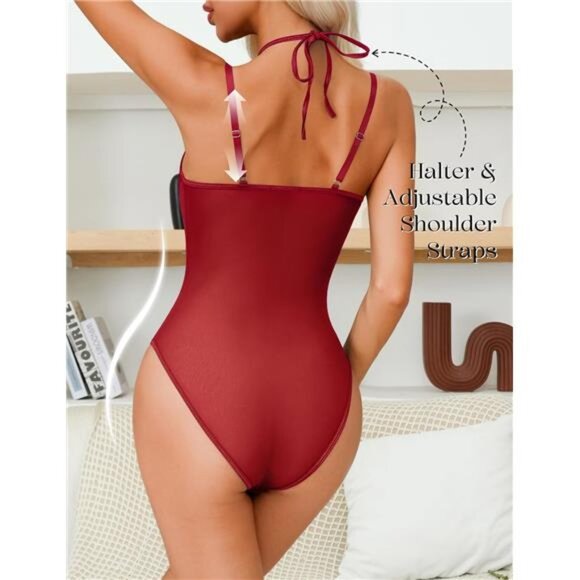 Women Teddy Lingerie Sexy Snap Crotch Lace Bodysuit Red - Picture 3 of 6